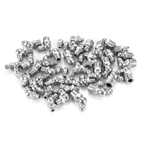 Beefy 45 Pcs Grease Nipple Fittings Set For Grease Guns shown with M6, M8, M10 brass metal nipples in various angles