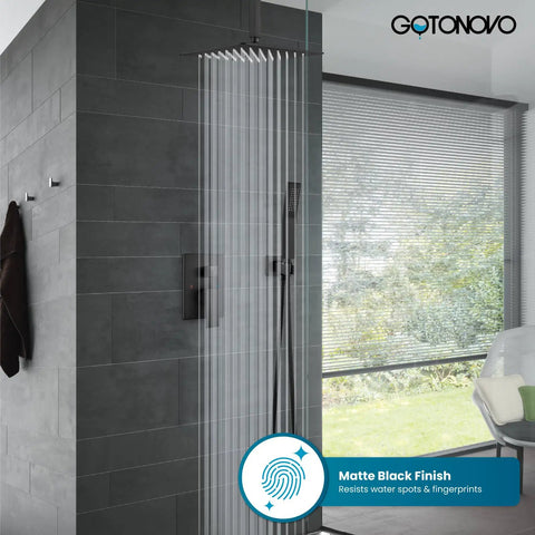 Top Shelf Matte Black Ceiling Mount Shower System With Rock Solid Brass Valve And Slick Handheld Sprayer Game Changing 12 Inch Ultra Thin Rain Head For Upscale Bathroom Makeovers