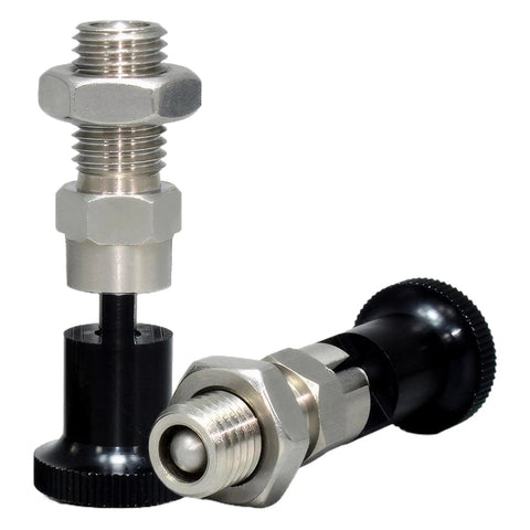 Heavy Duty Stainless Steel Spring Plunger With No Slip Self Locking Knob And Precision Positioning Pin For Garage Jobs, showing threaded sizes and precision design.