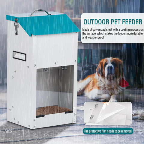 Heavy Duty Automatic Dog Feeder With Transparent Gravity Door And Fifteen Pound Capacity Built For Rugged Outdoor Use ensuring reliable feeding during rain.