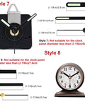 Three Piece Silent Clock Mechanism Kit With Eight Short Hands, showing black quartz movement styles 7 and 8, and hand measurements in mm.