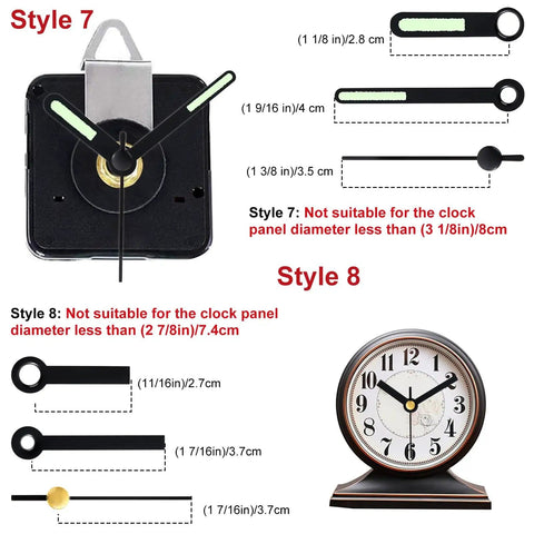 Three Piece Silent Clock Mechanism Kit With Eight Short Hands, showing black quartz movement styles 7 and 8, and hand measurements in mm.