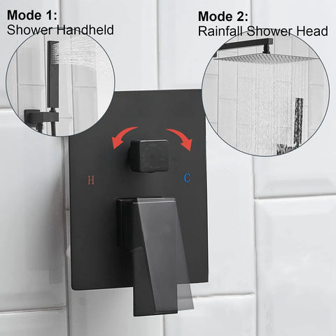 Matte Black Shower System With 12 Inch Rain Shower Head And Handheld Combo control panel, dual mode function.