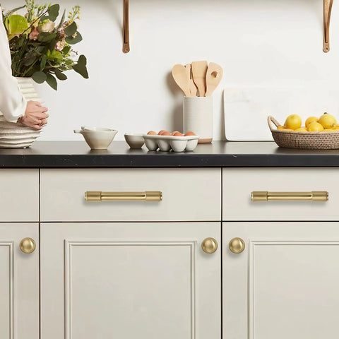 Kitchen with 10 Pack Brushed Brass Cabinet Pulls 5 Inch With 128MM Hole Centers Slick Gold Kitchen Cabinet Handles installed.