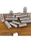 Rock Solid 304 Stainless Steel Spring Plunger M6 Grub Bolt Featuring Precision Ball Detent Fastener 30mm Long shown on wooden surface.