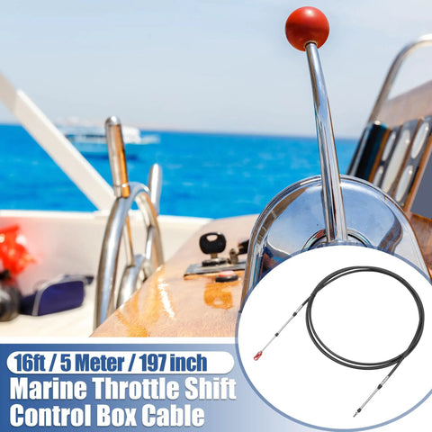 Marine Throttle And Shift Remote Control Cable Kit 16ft 5m Black With Clevis Fits Yamaha Honda Suzuki Nissan Tohatsu Chrysler Outboard Engines Two Pack showing boat helm and cable close-up
