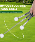 Retractable Golf Swing Trainer With Instant Click Feedback in use illustrating swing mechanics and grip training on grass.