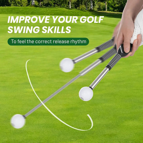 Retractable Golf Swing Trainer With Instant Click Feedback in use illustrating swing mechanics and grip training on grass.