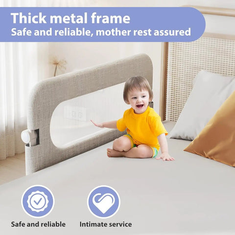 Extra Tall Toddler Bed Rail Guard For Kids, adjustable height, breathable mesh, child sitting on bed with rail
