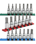 Allen Bit Socket Set For Three Eighths Inch Drive Torx Twenty One Piece Premium CRV Sockets And S2 Bits on holders