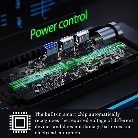 Close-up of 200W Car Power Inverter DC To AC Converter internal display showing power control and smart chip components.