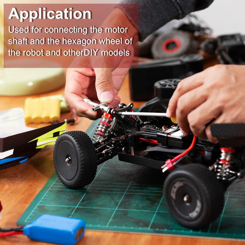 Hands installing Six Pcs 3mm To 5mm ID Steering Universal Joint Shaft Couplings in model car, showcasing application use.