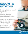 Scientist observing through a microscope with text about research and innovation at Douglas Laboratories.