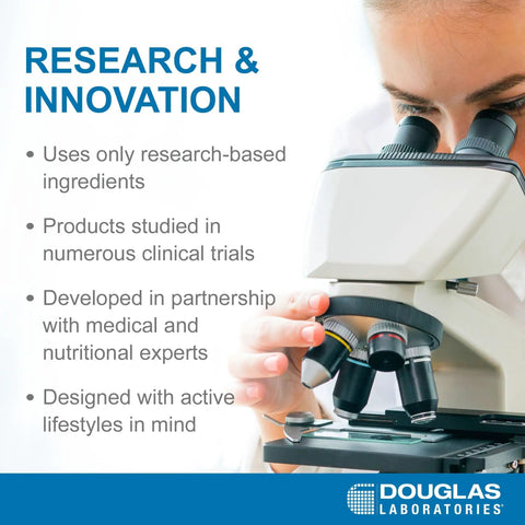 Scientist observing through a microscope with text about research and innovation at Douglas Laboratories.