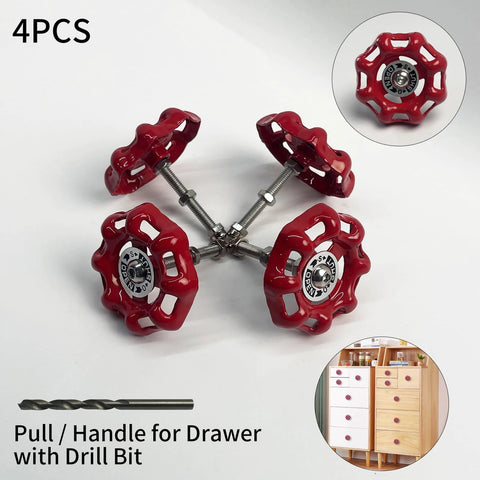 4 Pack Vintage Iron Valve Cabinet Knobs And Pulls With Drill Bit, Unique Disc Shaped Metal Handles For Cabinets, Industrial Style Red Finish