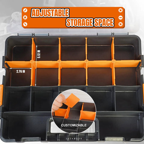 Kickass Workhorse Two Pack Tool Box Organizers Featuring Crystal Clear Lids And Seventeen Custom Slide Apart Compartments For Screws Bolts Nails Hardware Fishing Tackle And Shop Projects Vibrant Orange Finish
