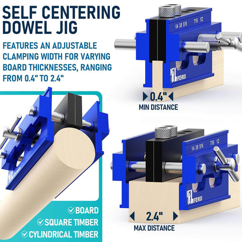Self Centering Doweling Jig Kit For Straight Holes With Six Drill Guide Bushings Pro Grade Biscuit Joiner Tool Adjustable Width