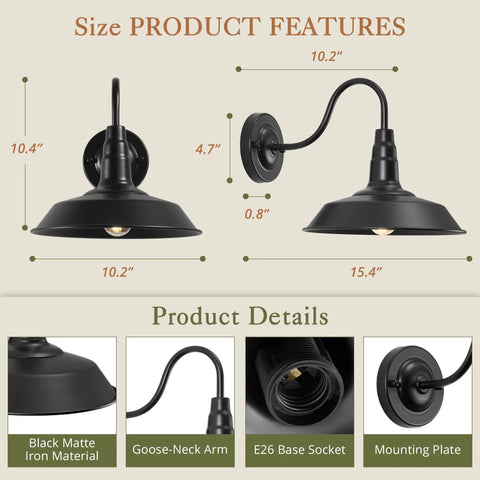 Gooseneck Barn Lights Outdoor Wall Sconce 10 Inch Black Exterior Fixture For Porch House Farmhouse Garage UL Certified 2 Pack