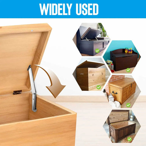 Heavy Duty Toy Box Hinges With Soft Close And 200N Gas Struts installed on wooden storage boxes, showing versatility and finger safety.