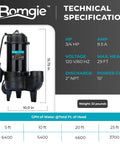 3/4 HP Submersible Sewage Pump With 6400 GPH, Basement Sump Ejector, Auto Float Switch, Cast Iron Housing, 2 Inch NPT, 120V