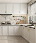 Modern kitchen with white cabinets featuring 10 Pack Adjustable Cabinet Drawer Pulls 102mm 4 Inch Brushed Brass Drawer Handles.