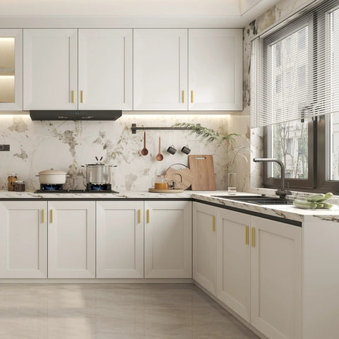 Modern kitchen with white cabinets featuring 10 Pack Adjustable Cabinet Drawer Pulls 102mm 4 Inch Brushed Brass Drawer Handles.