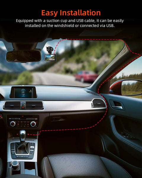 1080P FHD Car Dash Cam With 176 Degree Wide Angle Night Vision Parking Monitor mounted on car windshield