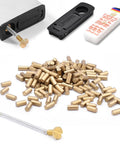 Universal Lighter Repair Kit Stuffed With Top Shelf Flint Stones Fresh Cotton Wicks And Heavy Duty Striker Wheels For Rock Solid Fire Sparks On The Go showing cerium flints and striker tool.