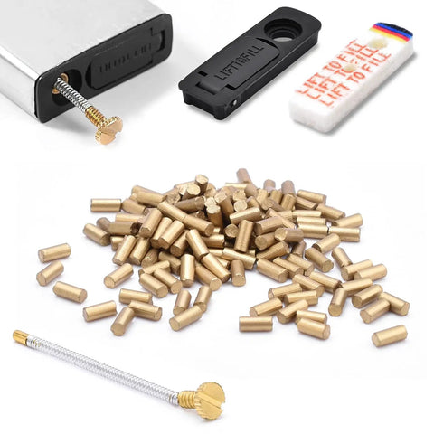 Universal Lighter Repair Kit Stuffed With Top Shelf Flint Stones Fresh Cotton Wicks And Heavy Duty Striker Wheels For Rock Solid Fire Sparks On The Go showing cerium flints and striker tool.