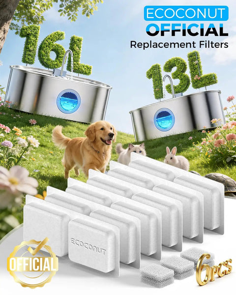 13L Stainless Steel Dog Water Fountain for Large Breeds, with automatic pet water dispenser and replacement filters.