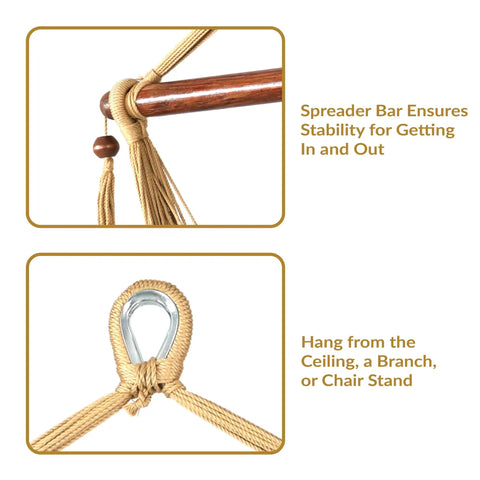 Outdoor Hammock Chair Swing spreader bar and hanging loop detail for Reading And Lounging On The Patio Or Indoors 300 lb Capacity