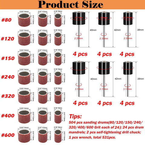 Pro Grade Sanding Drum Kit With 552 Pcs Drum Set, 504 Pcs Sanding Bands From 80 To 600 Grit, 24 Drum Mandrels size chart