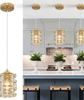Gold Pendant Light Set Of 3 With Spiral Cage And Seeded Glass Shades For Kitchen Island Dining Room Bar And Sink Area 6.3 Inch Wide E26 Base