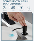 Slick Black Kitchen Faucet With Built In Soap Dispenser Serves Up A Smooth Pull Down Sprayer In Three Easy Modes Made From Solid Lead Free Stainless Steel For Absolutely Zero Drip Drama On Your Daily Kitchen Hustle showing soap dispensing into a white plate.
