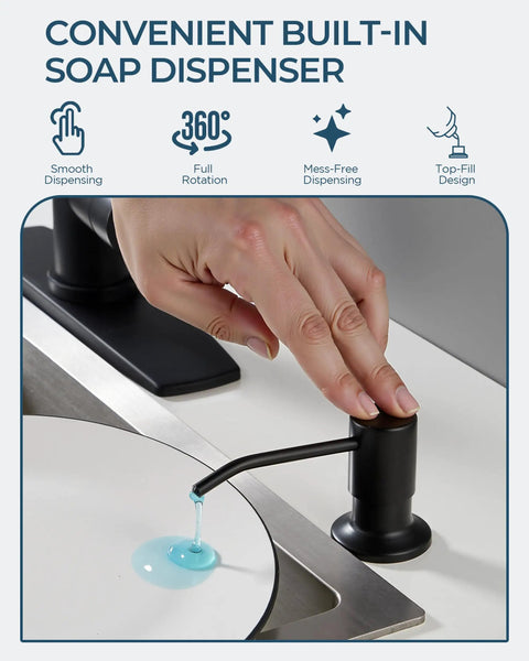 Slick Black Kitchen Faucet With Built In Soap Dispenser Serves Up A Smooth Pull Down Sprayer In Three Easy Modes Made From Solid Lead Free Stainless Steel For Absolutely Zero Drip Drama On Your Daily Kitchen Hustle showing soap dispensing into a white plate.