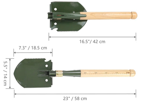 Folding Survival Shovel With Wooden Handle Heavy Duty Carbon Steel Entrenching Tool dimensions 16.5" folded, 23" extended