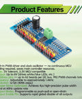 16 Channel PCA9685 PWM Servo Driver Board I2C Module For Arduino and Raspberry Pi on green product features background