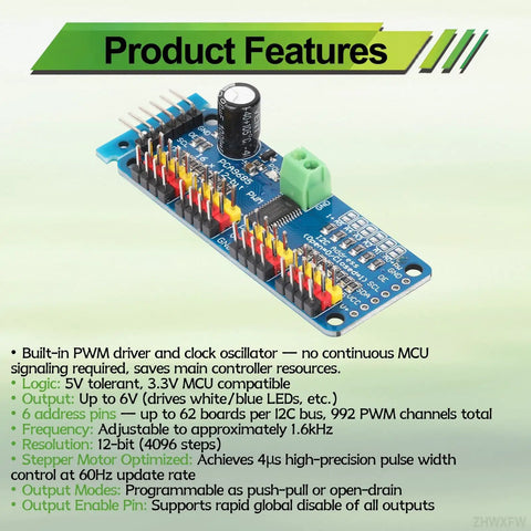 16 Channel PCA9685 PWM Servo Driver Board I2C Module For Arduino and Raspberry Pi on green product features background