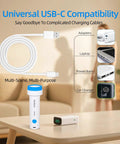 DUORAN cordless electric vacuum pump, white body with blue cap, front view; USB-C cable coiled beside
