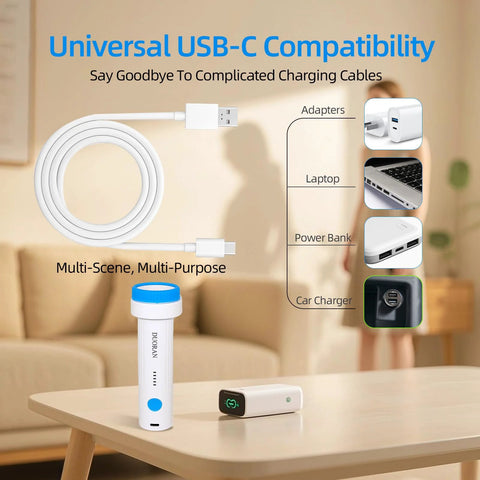 DUORAN cordless electric vacuum pump, white body with blue cap, front view; USB-C cable coiled beside
