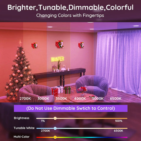 Smart BR30 Flood Light Bulb 13W 100W Equivalent, 1300 Lumens, Tunable 2700K To 6500K in living room with adjustable colors chart