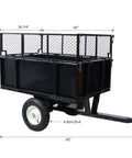 ATV Trailer Steel Dump Cart With 22 Cu Ft Capacity And 750 Lb Load, showing reinforced steel construction with dimensions