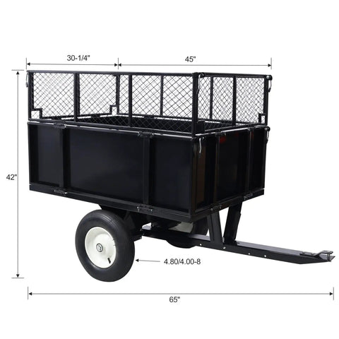 ATV Trailer Steel Dump Cart With 22 Cu Ft Capacity And 750 Lb Load, showing reinforced steel construction with dimensions