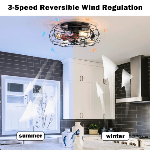 Low Profile 21 Inch Caged Ceiling Fan With Light And Remote Control, Reversible Motor For Year Round Comfort in kitchen.