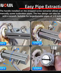 Broken Faucet Removal Tool Pro Grade And Pipe Extractor Set for One Half Inch and Three Quarter Inch Pipes in use, showing extraction steps.