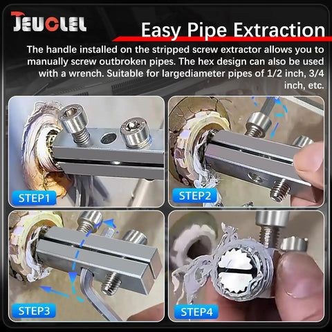 Broken Faucet Removal Tool Pro Grade And Pipe Extractor Set for One Half Inch and Three Quarter Inch Pipes in use, showing extraction steps.