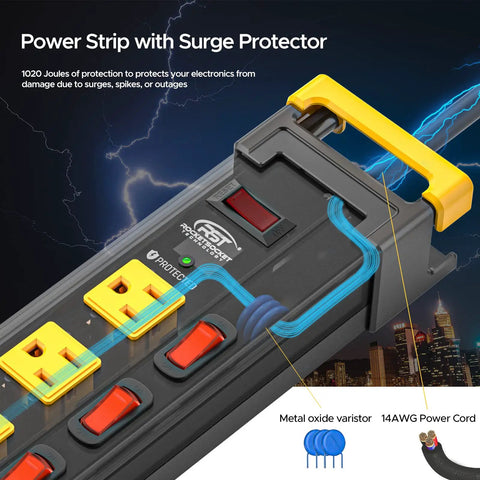 Heavy Duty 12-Outlet Metal Power Strip With Individual Switches, Wide Spacing For Bulky Plugs, 9 Ft Cord, 1020J Surge Protector