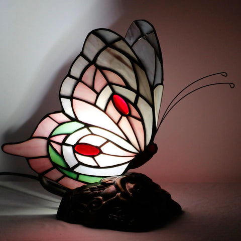 Tiffany Style Stained Glass Butterfly Table Lamp With Pink Butterfly Accent, Small Desk Lamp 7 x 9.8 x 5 Inches, Antique Bronze Base