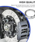 Close-up of Four Pack Hub Centric Rings 56 To 73 Mm Wheel Center Bore Adapters with aluminum alloy details and brake components.
