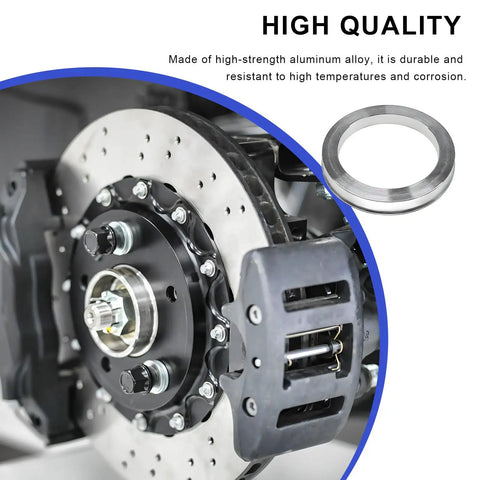Close-up of Four Pack Hub Centric Rings 56 To 73 Mm Wheel Center Bore Adapters with aluminum alloy details and brake components.